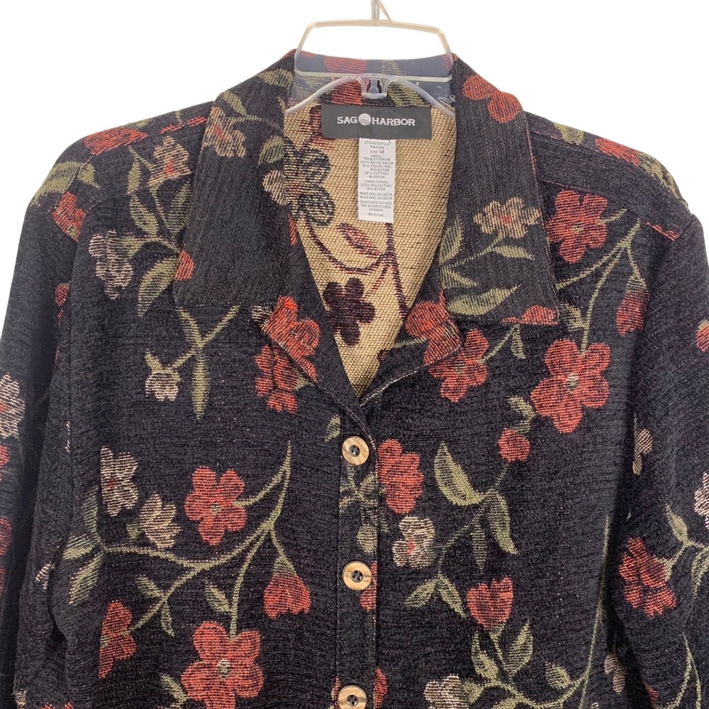 Sag Harbor Womens 12 Floral Tapestry Button Front Jacket Black Red Green F43189